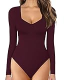 MANGOPOP Sweetheart V Neck Bodysuit for Women Short Sleeve Long Sleeve Body Suits Tops (Long Sleeve Burgundy, Small)
