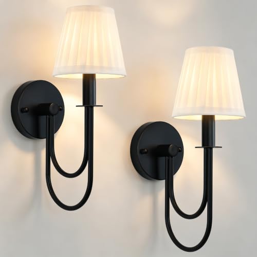 Image of Black Wall Sconces Set of Two, Modern Wall Lamps with White Pleated Shade | Industrial Wall Light Fixtures for Bedroom Living Room Hallway Bathroom Vanity
