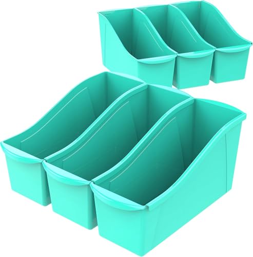 Image of Storex Large Book Bin, Interlocking Plastic Organizer for Home, Office and Classroom, Teal, 6-Pack (71107A06C)