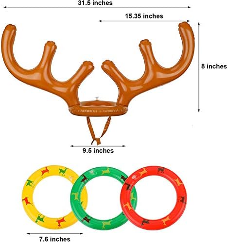Christmas Party Toss Game Inflatable Reindeer Antler Hat with Rings for Kids Adults Family Xmas Fun Games (2 Antlers 12 Rings)