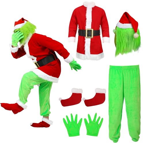SINSEN Disfraz de Grinch de 6 piezas para adultos, disfraz de Papá Noel con máscara de Grinch, guantes, sombrero, monstruo verde, divertido disfraz de cosplay para hombres y mujeres (adulto, talla SINSEN Disfraz de Grinch de 6 piezas para adultos, disfraz de Papá Noel con máscara de Grinch, guantes, sombrero, monstruo verde, divertido disfraz de cosplay para hombres y mujeres (adulto, talla