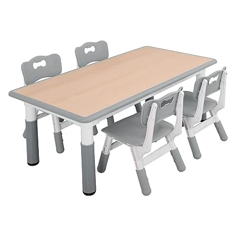 UNICOO Kids Study Table and Chairs Set, Height Adjustable Plastic Children Art Desk with 4 Seats, Kids Multi Activity Table Set (Maple Top with Grey Board) Cover