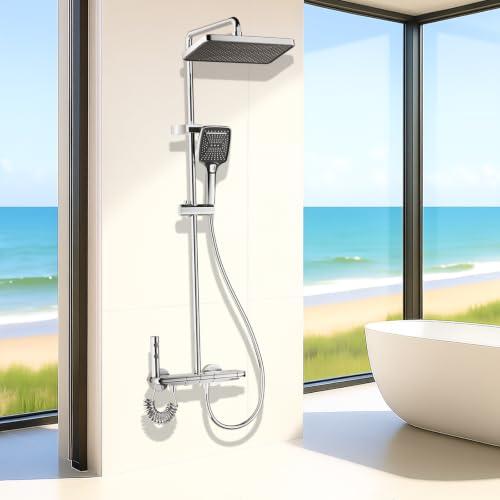 Colonne douche chromée avec tête pluie 30x20 et bec caché