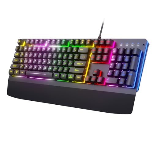 Wired Gaming Keyboard RGB Light Up Keyboard with Wrist Rest 104Keys All Metal Panel Rainbow Backlit for Gaming