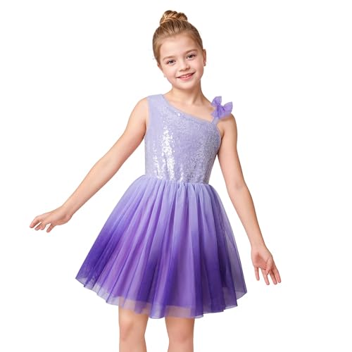 LQSZ Girls Sequin Dress Tutu One Shoulder Summer Dresses Fancy Party Prom Gowns Tulle Sundress for 3-12 Years Purple