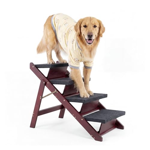 MEWANG Wooden Pet Stairs/Pet Steps - 3-in-1 Foldable Stairs & Ramp for Tall Beds and Cars - Portable Dog/Cat Ladder Up to 220 Pounds - for Small and Older Animals(Brown) (31.5" L x 17.2" W x 25.0" H)