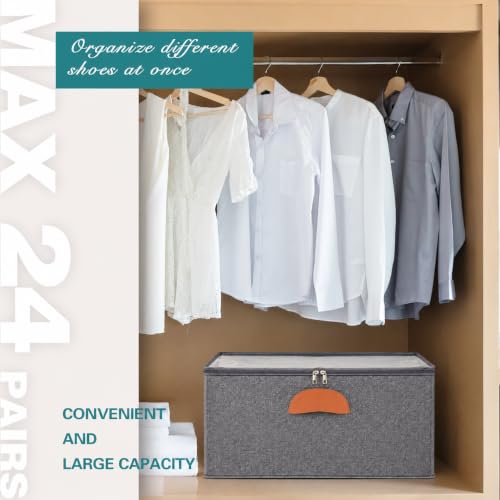 Image of 2 Pack Shoe Organizer for Closet Foldable Storage Box with Clear Cover | Fits 24-48 Pairs Boots and Heels Sneaker Sandals Stackable with Adjustable Divider Space Saving Dorm Grey