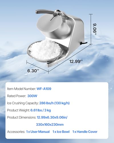 Image of VEVOR Ice Crusher Machine, 286lbs Per Hour Electric 4 Blades Snow Cone Maker, Stainless Steel Shaved Ice Machine with Bowl and Cover, 300W 2000RPM Ice-Shaver for Home and Commercial Use, Silver