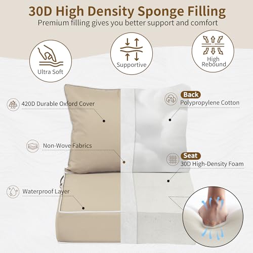 Image of 24x24 Outdoor Chair Cushions Set of 4, Waterproof Deep Seat Cushions for Patio Furniture with Removable Cover, Fade Resistant 4'' Outdoor Seat Cushion w /Ties&Handle for Sofa Loveseat,Khaki+Pipes