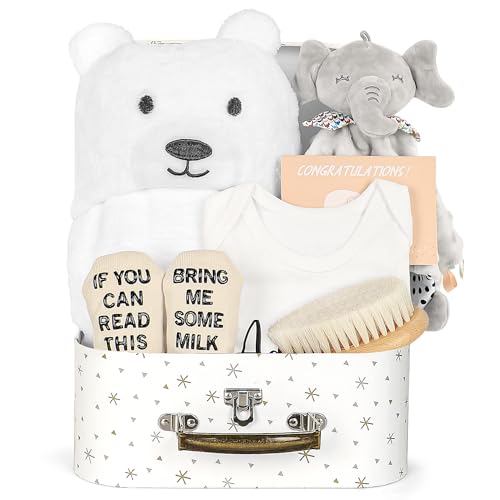 Image of iAOVUEBY Baby Gift Set, Newborn Essentials Baby Shower Gifts Basket with Infant Towels Elephant Security Blanket Hair Brush Babies Onesie Socks & Gift Card, New Born Baby Gifts for Girls Boys