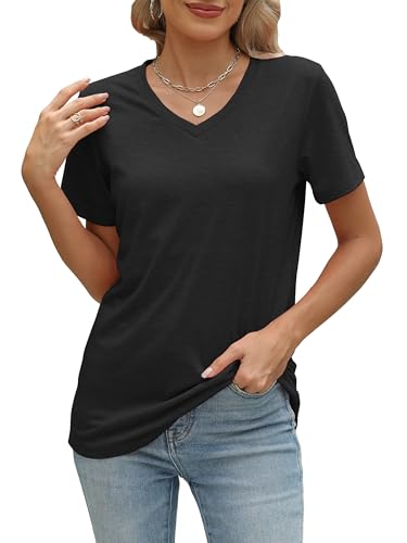 BYIPY Womens V-Neck T Shirts Summer Short Sleeve Tops Casual Solid Color Tee Soft Basics Tshirt Black XXL