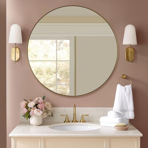 Image of ANDY STAR Gold Round Mirror, Large Brushed Gold Round Bathroom Mirror, Brass Circle Mirror 32 inch, Modern Vanity Mirror in Stainless Steel Metal Frame for Home Decor, Entryway, Living Room