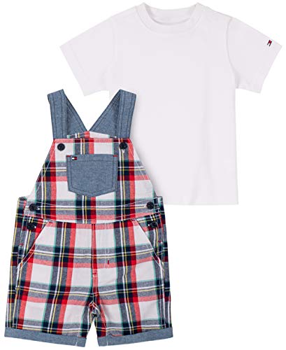 Tommy Hilfiger Boys' 2 Pieces Shortall, Medium Blue Plaid/White, 0-3 Months