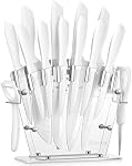 Knife Set, D.Perlla 16 Pieces Kitchen Knife Set with Acrylic Stand, High Carbon Stainless Steel, Non Stick Coated Knife Block Set, No Rust, Non Slip Handle, Sharp Knife White