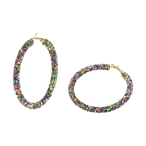 AnotherKiss Mardi Gras Earrings for Women – Lightweight Glitter & Beaded Hoop Earrings, Purple Gold Green Carnival Jewelry, Holiday Party Accessories, New Year Gifts for Her