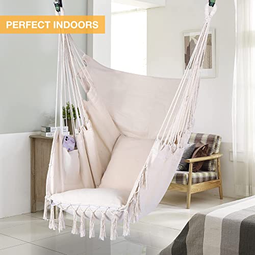 Redswing Hanging Hammock Chair, Hanging Rope Swing With 2 Cushions, Hardware Kits And Quality Cotton Weave For Superior Comfort And Durability, Max Load 330Lbs,Beige #TOP5