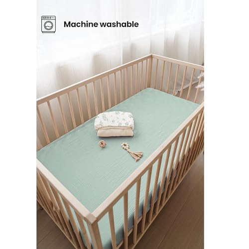 Image of Konssy Muslin Crib Sheets for Boys, Soft Cotton Neutral Baby Sheets for Standard Crib Mattress 2 Pack, 52 inchx28 inch (Leaf,Green)