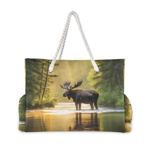 Elk Sunlight Water Beach Bag for Women Large Beach Tote Bag with Zipper for Travel Vacation