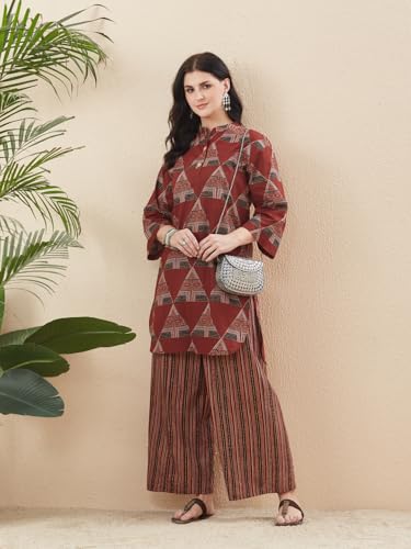 Image of MOKOSH Women's Cotton Print Kurta with Palazzo | Kurta Set | 2 Piece Outfit |Indian Kurta Outfit With Palazzo Pants | Round Neck 3 /4 Sleeve
