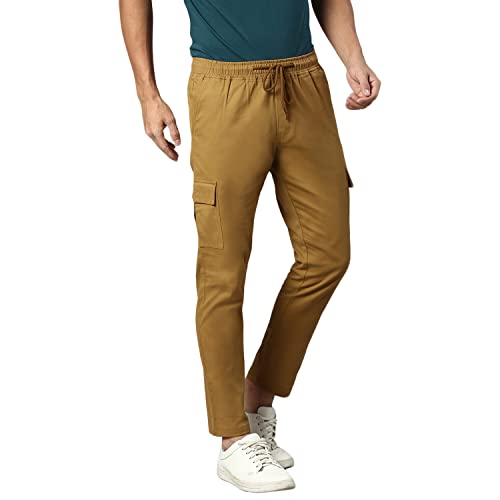 Image of Hubberholme Men's Regular Fit Cotton Trousers, Ankle Length Elastic & Drawstring Waist Cargo Chinos