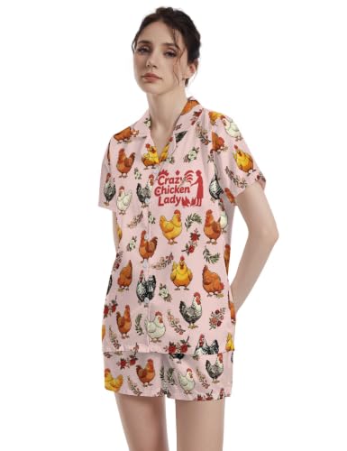 Image of Funny Pajamas for Women Set Print Satin Loungewear Pjs Short Sleeve Button Down Top and Shorts Sets Sleepwear XS-3XL