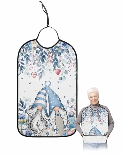 LEOKOTI Blue Gnomes Valentines Adult Bibs for Eating, Waterproof Bibs with Food Catcher & Snap Closure, Eucalyptus Leaves Floral Love Heart Washable Clothing Protectors Adult Bibs for Elderly