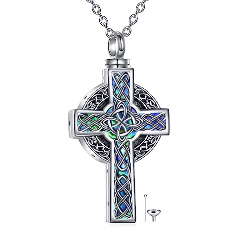 YFN Celtic Cross Urn Necklace Sterling Silver Celtic Knot Ashes Pendant Abalone Shell Cross Cremation Jewelry Gifts for Women Men
