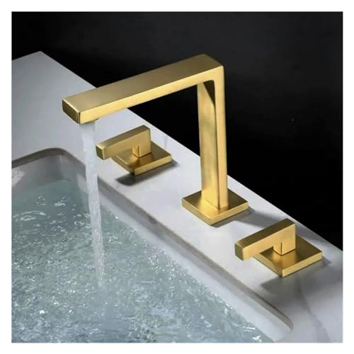 Grifo de lavabo cascada dorado cepillado de latón con tres agujeros y mezclador agua fría y caliente