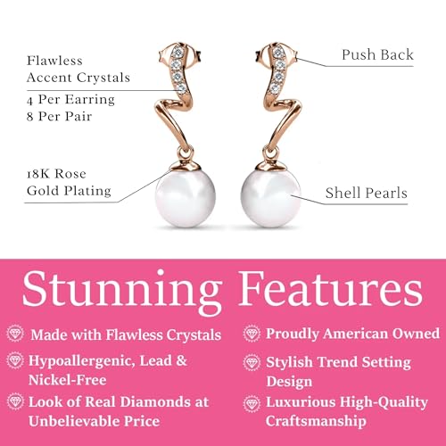 Cate & Chloe Ophelia 18k Rose Gold-Plated Dangle Pearl Earrings with Simulated Diamond Crystals, Elegant Jewelry for Women, Gift for Her on Christmas, Anniversary, Birthday — view 2