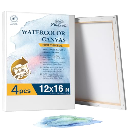 PHOENIX Professional Stretched Watercolor Canvas - 12x16 Inch/4 Pack 100% Cotton Water Color Canvases for Painting 8 Oz. / 260g White Blank Medium Texture Canvas for Water Based Paints