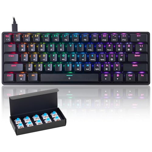 CHONCHOW Teclado mecánico 60% para juegos, teclado con cable RGB, ultra compacto, 61 interruptores azules, compatible con Windows, Mac Linux, laptop, PC y computadora (negro)