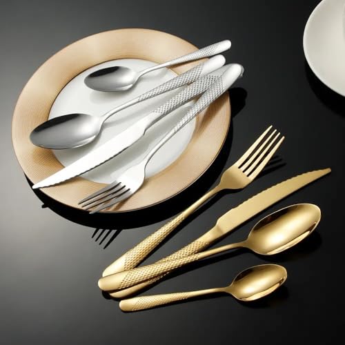 Image of Aurum Gold French Style Silverware Set | 5-Piece Hammered Flatware with 2-in-1 Serrated Knife | 18 /10 Stainless Steel Cutlery Set | Perfect for Home, Restaurant & Festive Gifting