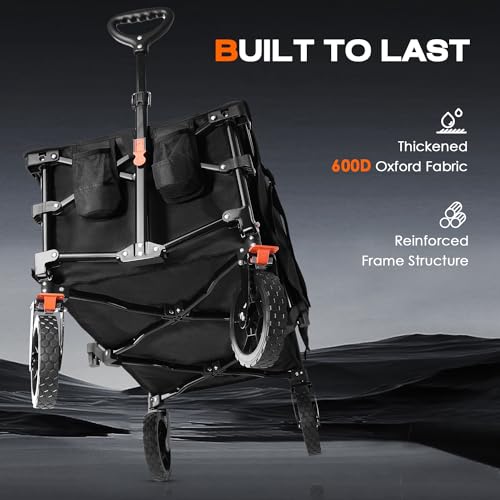 Navatiee 140L Collapsible Foldable Wagon with Wheels, Large Capacity Foldding Wagon Cart with Side Pocket and Brakes, Grocery Shopping Cart for Garden Outdoor Use, Black