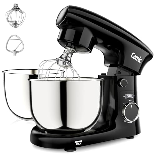 Camic Küchenmaschine mit 3 Zubehörteilen (Knet-, Rühr-, Schneebesen),Teigmaschine mit LED-Display, Zeit einstellen, 10 Geschwindigkeitsstufen, 2 Edelstahlschüsseln 4L+5L, für Teig, Brot, Pizza, Kuchen