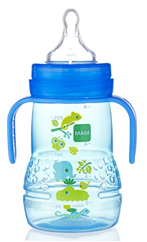 Image of MAM Plastic Trainer Cup (1 Count), Trainer Drinking Cup with Extra-Soft Spout, Spill-Free Nipple, and Non-Slip Handles, for Boys 4+ Months, Eight Ounces, Designs May Vary