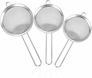Sieve Strainer Set Stainless Steel Fine Mesh Strainers All Purpose Colander Sieve for Cooking 10cm 8cm 7cm with Handle Kitchen Essentials Tea Cocktail Coffee Powder Sugar (Pack of 3)
