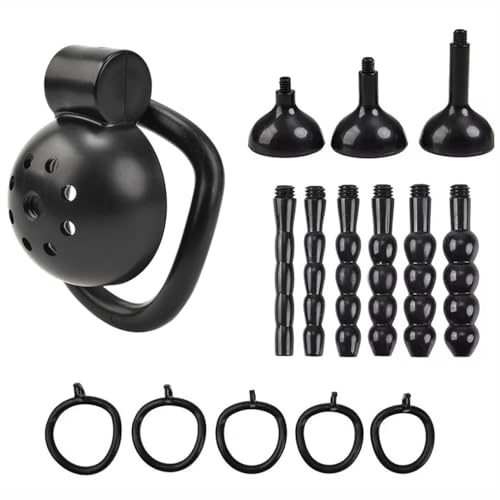Image of Male Chastity Device Tease Locked Cock Cage Penis Exercise for Men consisting of 5 Rings and 3 Pads (Black)