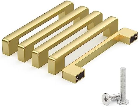 SUXLINA 5-Pack Solid 5 Inch Center Hole Distance, Frosted Gold Cabinet Pulls Vanity Pulls for Kitchen Bathroom Bedroom Cabinet Drawer Pulls, Zinc Alloy Material Hardware