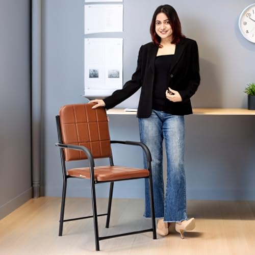 Office Chair Visitor Chair with arm Rest with Steel Frame and Cushioned seat Back, Chair Without Wheels Holds up to 110 kg Heavy Design (1, Brown (Black Frame), Standard)