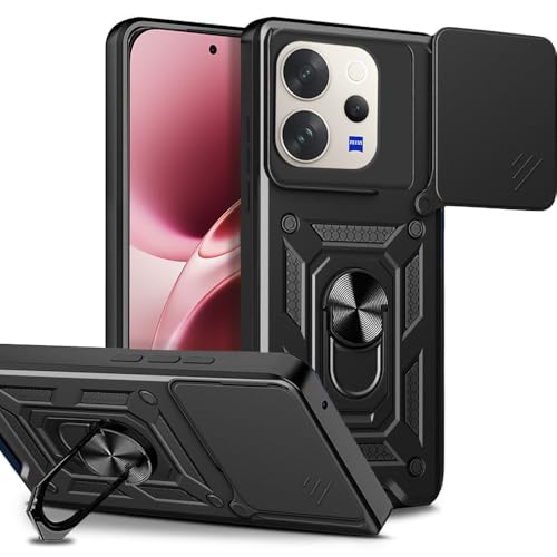 Image of AESTMO Tough Armor Vivo V70 5G / V70 Elite 5G Bumper Back Case Cover | Ring Holder & Sliding Camera Shield Cover | 360 Degree Protection Back Case Cover for (Black)