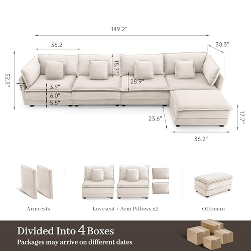 Image of Corduroy Sectional Couch, 4 Seater 149.2 inch L Shaped Cloud Couch with Ottoman, Modular Deep Seat Sofa with Pillows for Living Room, Apartment, Beige
