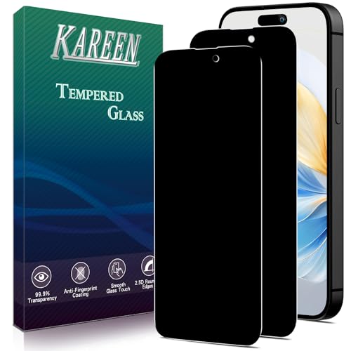 KAREEN 2-Pack Privacy Screen Protector For iPhone 15 iPhone 15 Pro 6.1-Inch Anti Spy Private Tempered Glass Film 9H Hardness Easy to Install Bubble Free Case Friendly