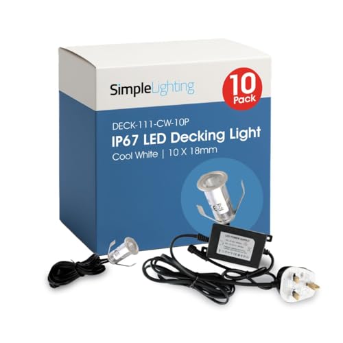 Image of Simple Lighting® Pack of 10 Mini LED Decking Lights 18mm IP67 Waterproof | Cool White 6000K | Complete Kit with 12V Driver | Stainless Steel Outdoor Garden Patio | 30000 Hours | 2 Year Warranty