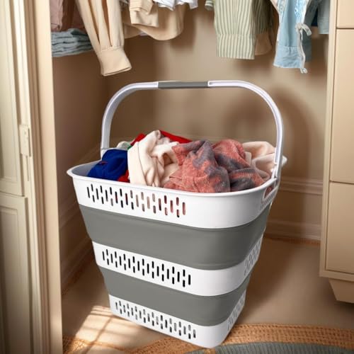 SAMMART 38L(10 Gal) Collapsible Laundry Basket - Foldable Pop-Up Storage Container/Organizer-Portable Space Saving Hamper, Measure 17.5x13.3x15.7/3.8" Expanded/Collapsed (1, White/Grey) - Image 4
