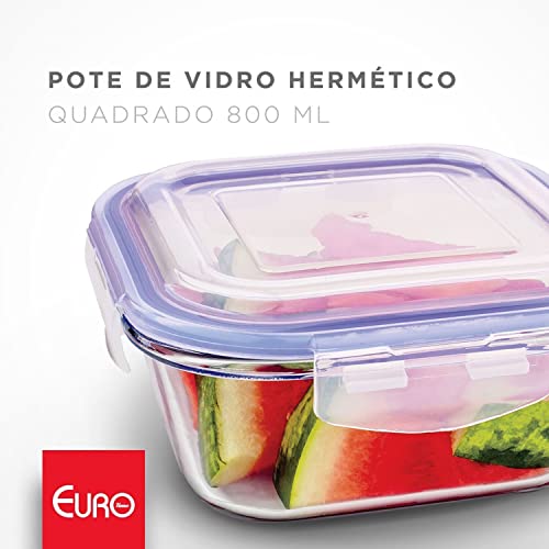 Pote De Vidro Hermético Quadrado Azul, 800 Ml, VDR8883-AZ, Euro Home