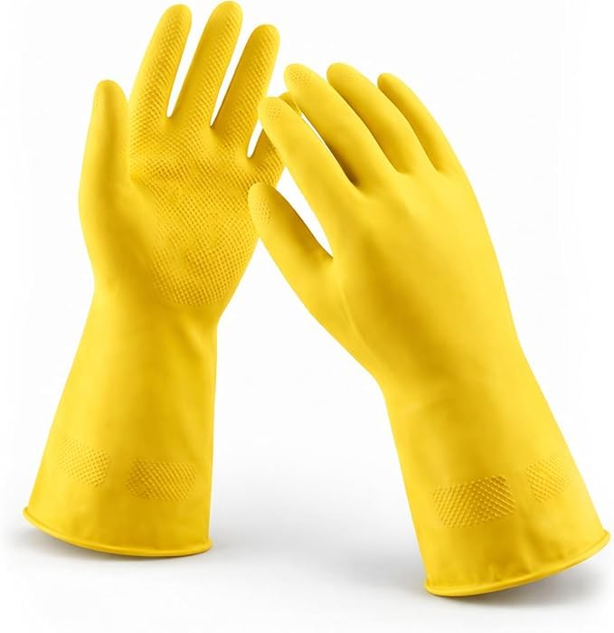 Image of LADWA Premium Rubber Household Cleaning Gloves, Yellow and Red Color Reusable Waterproof Gloves for Kitchen Cleaning, Dishwashing, Gardening and Bathroom Use with Anti-Slip Grip (Pack of 1 Pair)