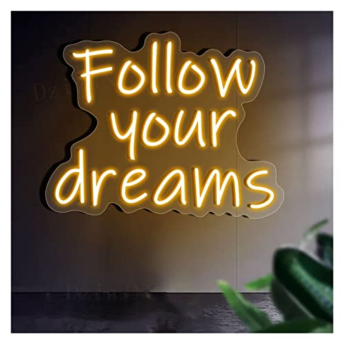 Custom Neon Sign 'Follow Your Dreams' Personalized Led Neon Lights Signs With Remote Control Dimmable for Bedroom Home Bar Birthday Party Wedding Wall Decors(Yellow,41x31cm(16x12in))