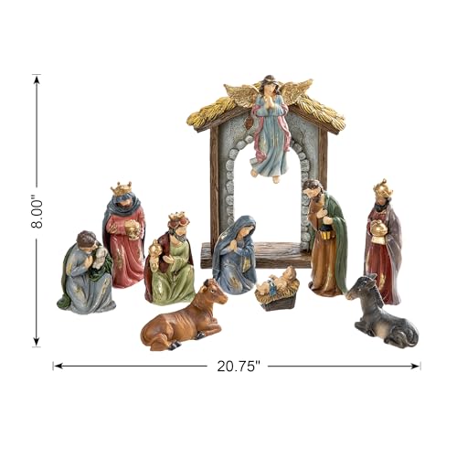 Image of Glitzhome Christmas Nativity Set Indoor 8 inch Resin Nativity Figurines Set 11 Pcs Removable Angel Statue Multi-Colored Nativity Sets & Figures Christian Holy Family Figure with Baby Jesus