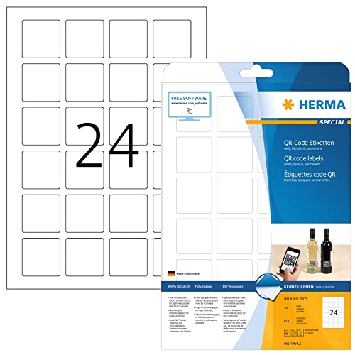 HERMA 9642 QR Code Etiketten blickdicht quadratisch, 25 Blatt, 40 x 40 mm, 24 pro A4 Bogen, 600 Stück, selbstklebend, bedruckbar, matt, blanko Papier QR-Code Klebeetiketten Aufkleber, weiß