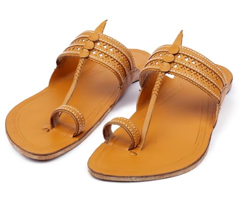 Image of KORAKARI Men Kolhapuri Chappal Handcrafted Sandal Smooth and Comfortable Flip Flops Slipper Stylish Anti Slip Design Genuine Leather Traditional Footwear.